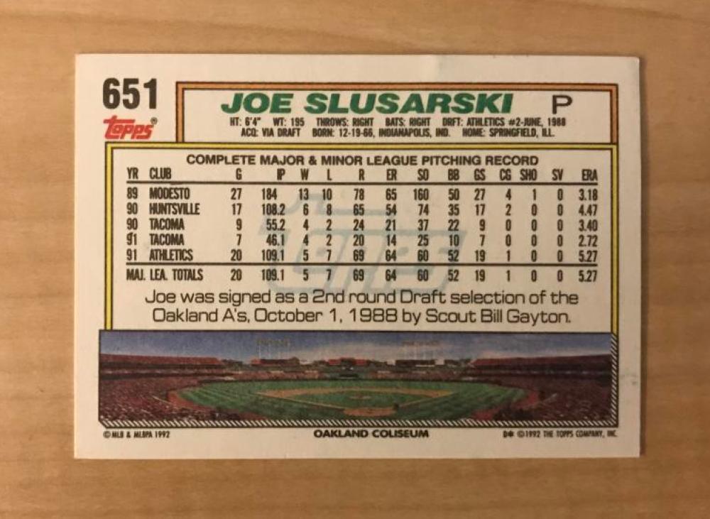 JOE SLUSARSKI OAKLAND ATHLETICS SIGNED AUTOGRAPHED 1992 TOPPS CARD #651 W/COA 