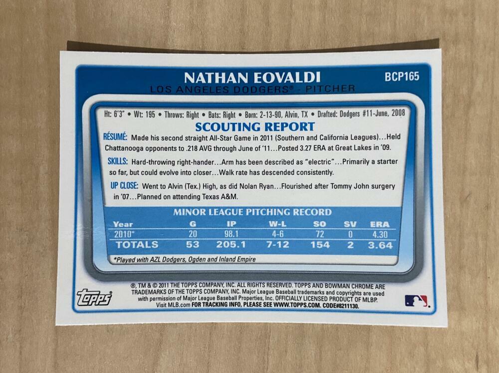 NATHAN EOVALDI LOS ANGELES DODGERS 2011 BOWMAN CHROME ROOKIE CARD #BCP165