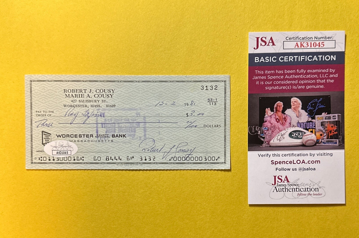 ROBERT "BOB" COUSY JSA CERTIFIED SIGNED CHECK HOF CELTICS