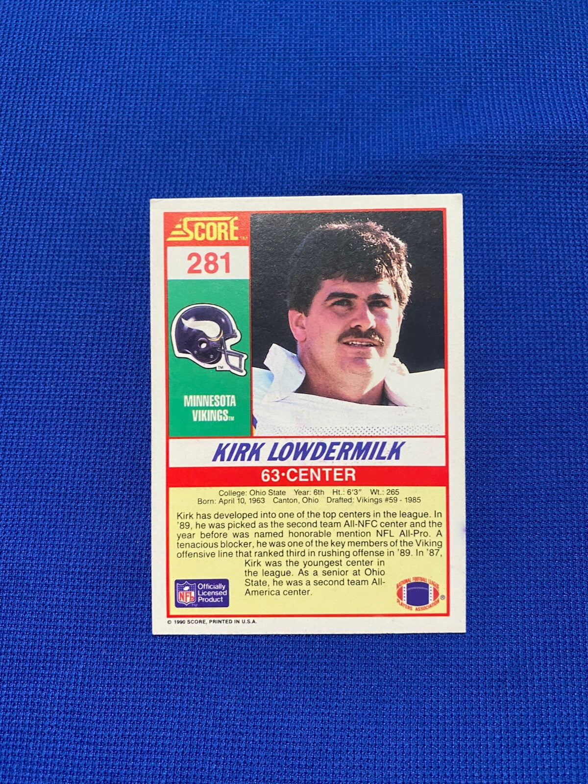 1990 SCORE KIRK LOWDERMILK MINNESOTA VIKINGS SIGNED AUTOGRAPHED CARD #281 W/COA