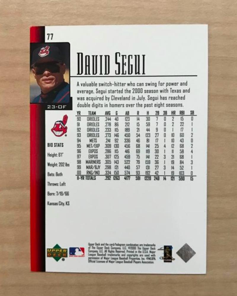 DAVID SEGUI CLEVELAND INDIANS SIGNED AUTOGRAPHED 2001 UPPER DECK CARD #77 W/COA 