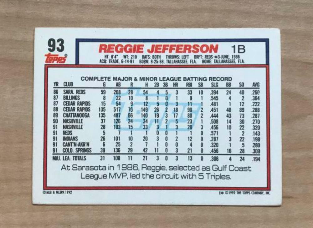 REGGIE JEFFERSON CLEVELAND INDIANS SIGNED AUTOGRAPHED 1992 TOPPS CARD #93 W/COA 