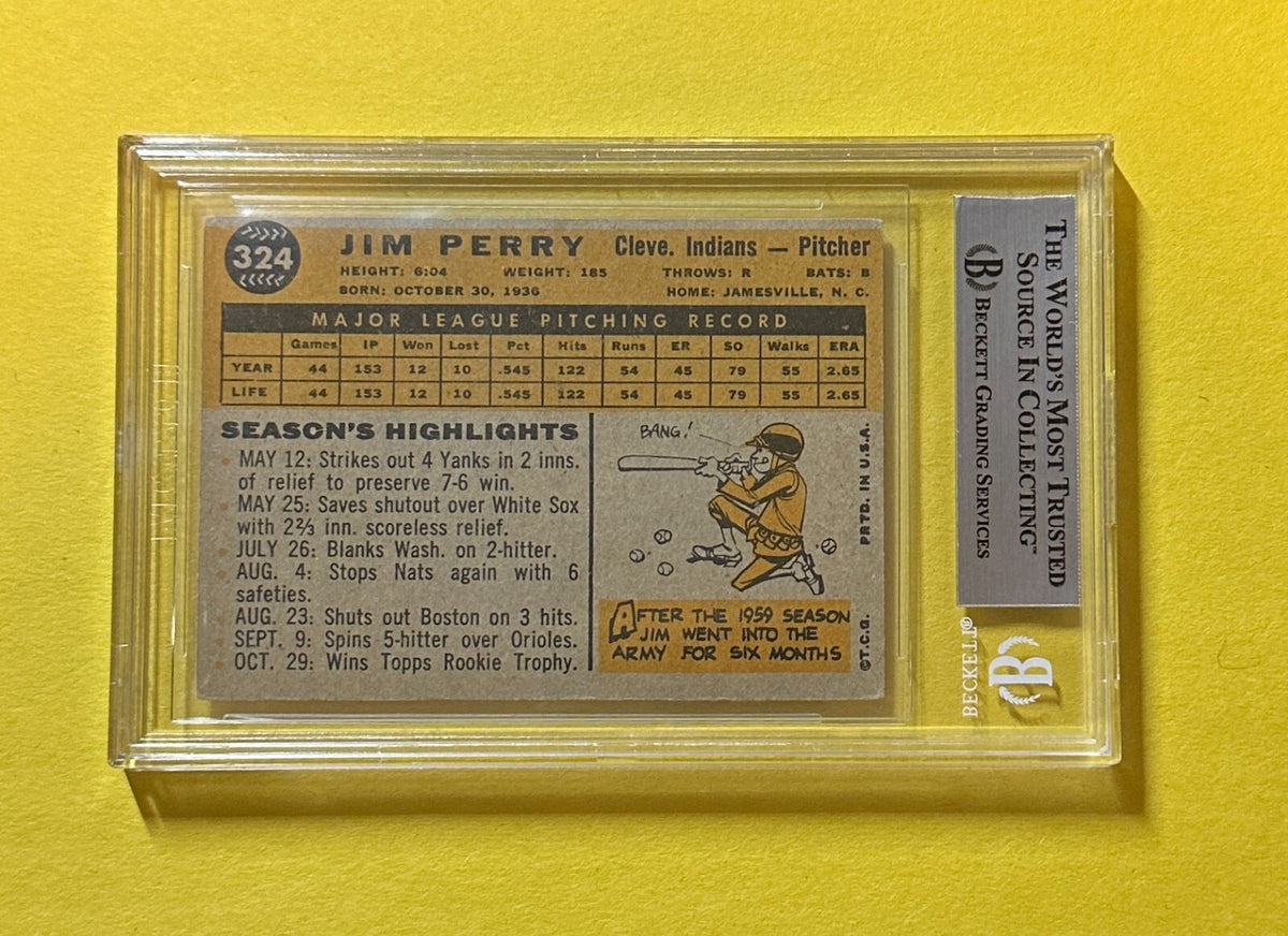 1960 TOPPS JIM PERRY #324 BECKETT AUTHENTIC SIGNED AUTOGRAPHED CARD ALL STAR