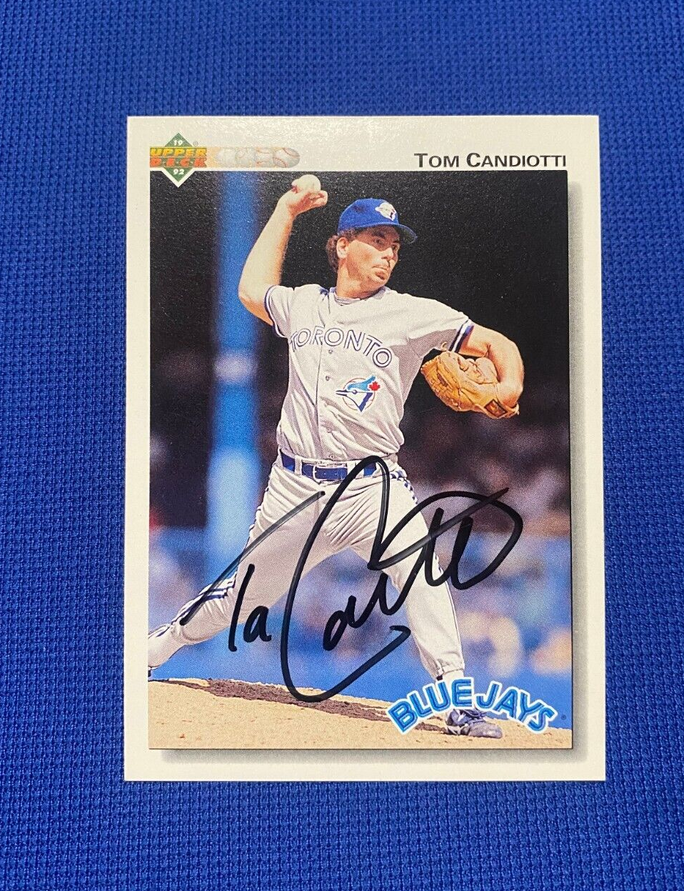 1992 UPPER DECK TOM CANDIOTTI TORONTO BLUE JAYS SIGNED AUTOGRAPHED CARD #447 COA