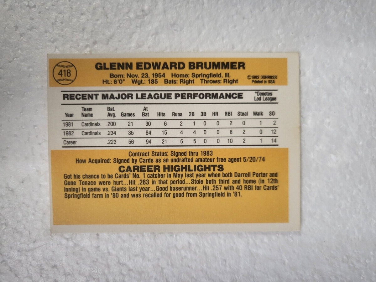 1983 DONRUSS GLENN BRUMMER ST LOUIS CARDINALS SIGNED AUTO CARD #418 W/COA