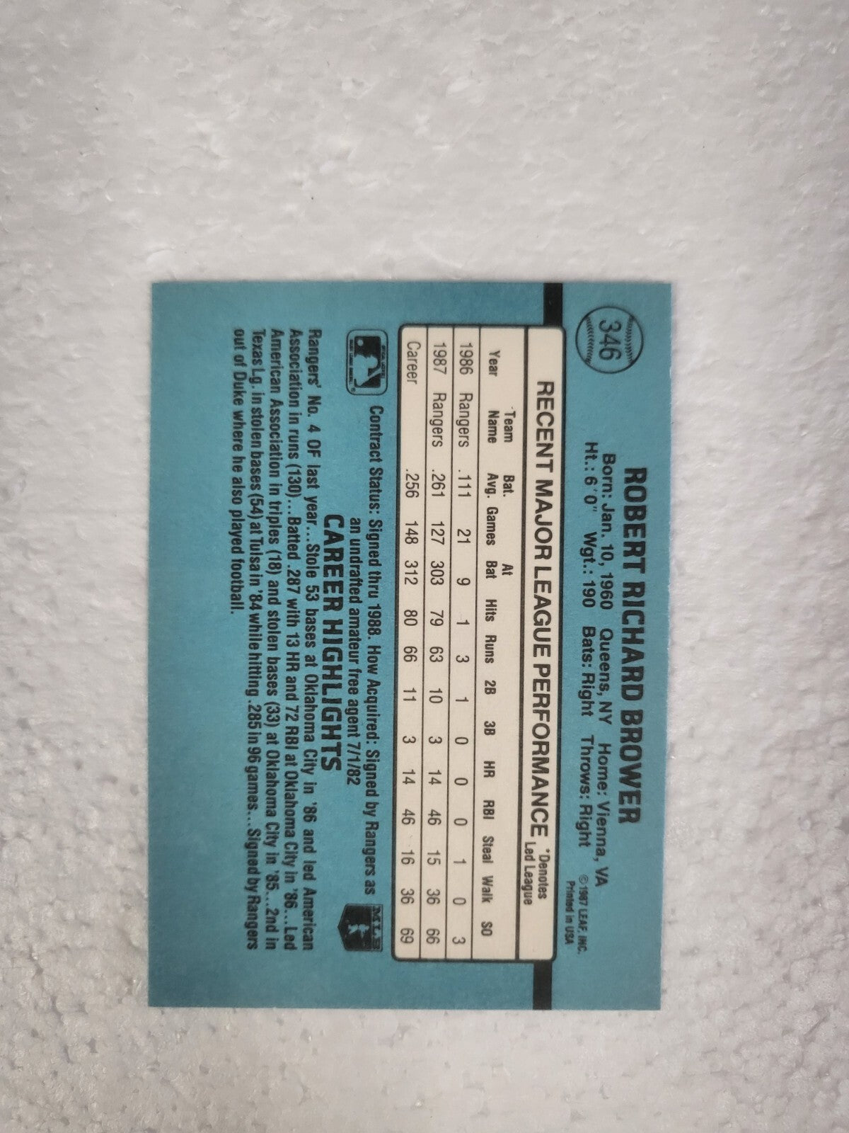 1988 DONRUSS BOB BROWER TEXAS RANGERS SIGNED AUTO CARD #346 W/COA