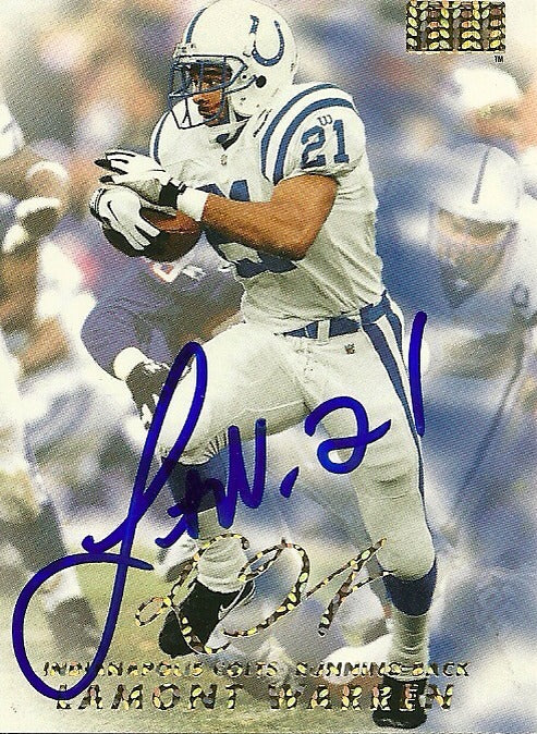 LAMONT WARREN INDIANAPOLIS COLTS SIGNED AUTOGRAPHED 1998 SKYBOX CARD #93 W/COA