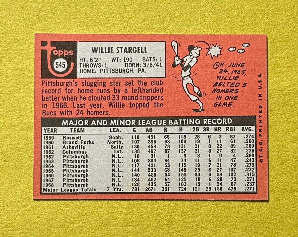 1969 TOPPS WILLIE STARGELL #545 PIRATES HOF