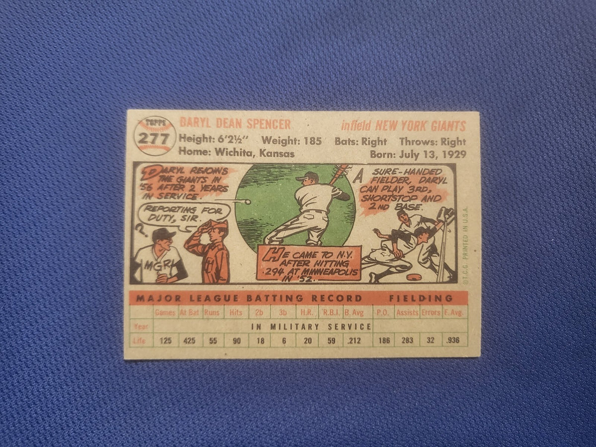 1956 TOPPS DARYL SPENCER NEW YORK GIANTS #277 CARD VINTAGE SET-BREAK