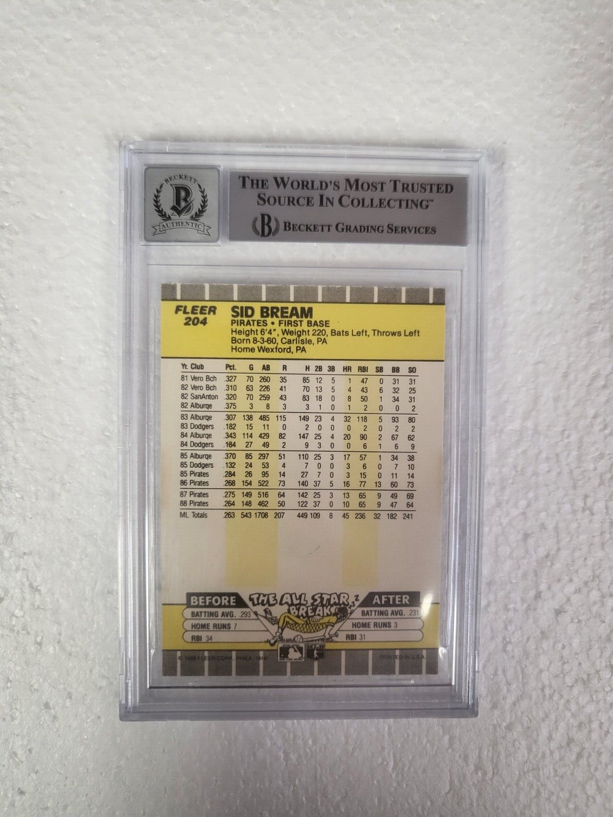 1989 FLEER SID BREAM PITTSBURGH PIRATES SIGNED AUTO #204 CARD BECKETT 10 AUTO