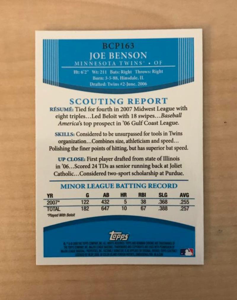 JOE BENSON MINNESOTA TWINS SIGNED 2008 BOWMAN CHROME CARD #BCP163 W/COA 