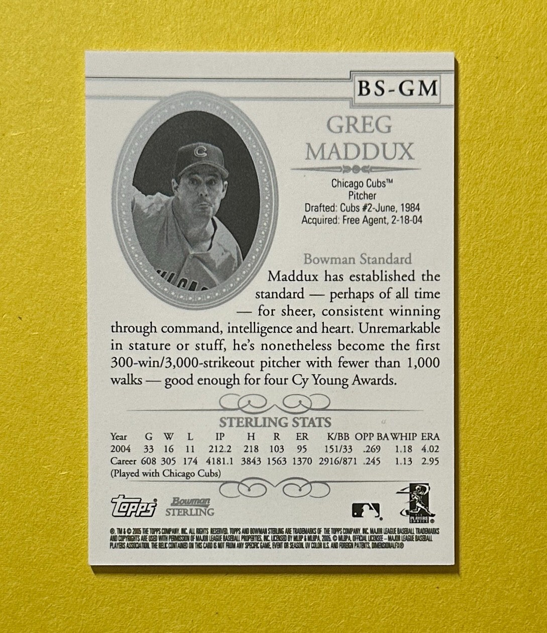 2005 BOWMAN STERLING GREG MADDUX RELIC #BS-GM CUBS HOF