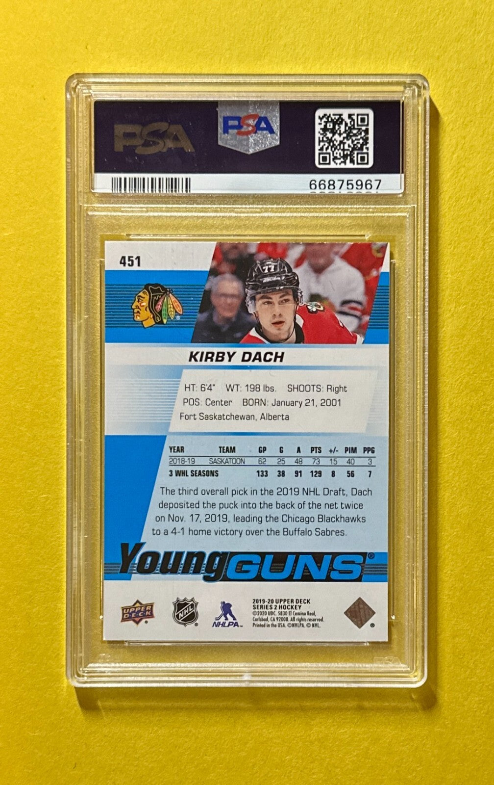 2019 UPPER DECK KIRBY DACH YOUNG GUNS #451 PSA GEM MT BLACKHAWKS