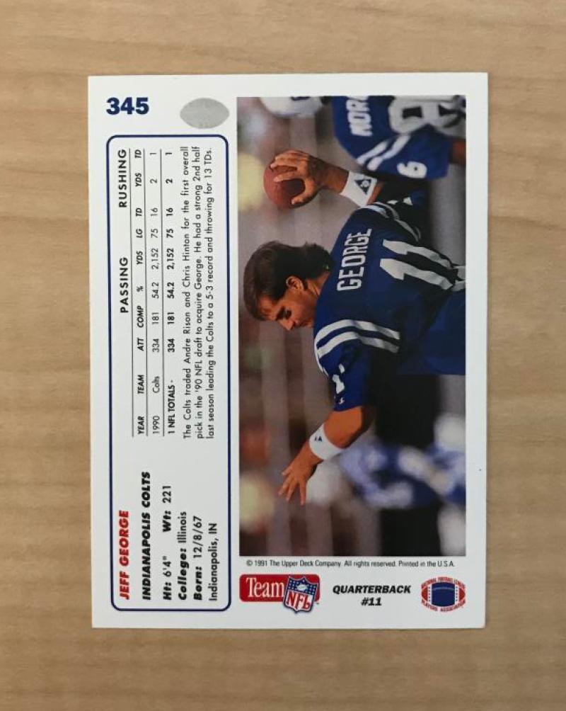 JEFF GEORGE INDIANAPOLIS COLTS SIGNED AUTOGRAPHED 1991 UPPER DECK CARD#345 W/COA