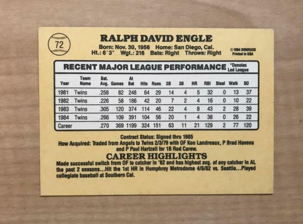DAVE ENGLE MINNESOTA TWINS SIGNED AUTOGRAPHED 1985 DONRUSS CARD #72 W/COA