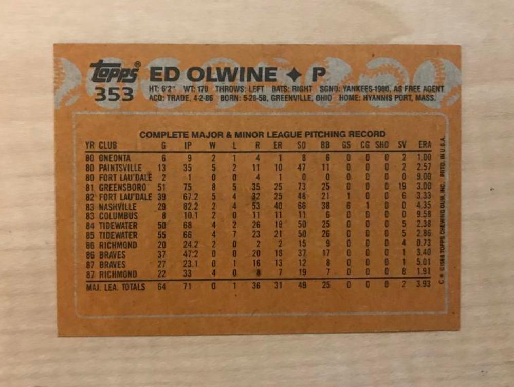 ED OLWINE ATLANTA BRAVES SIGNED AUTOGRAPHED 1988 TOPPS CARD #353 W/COA 