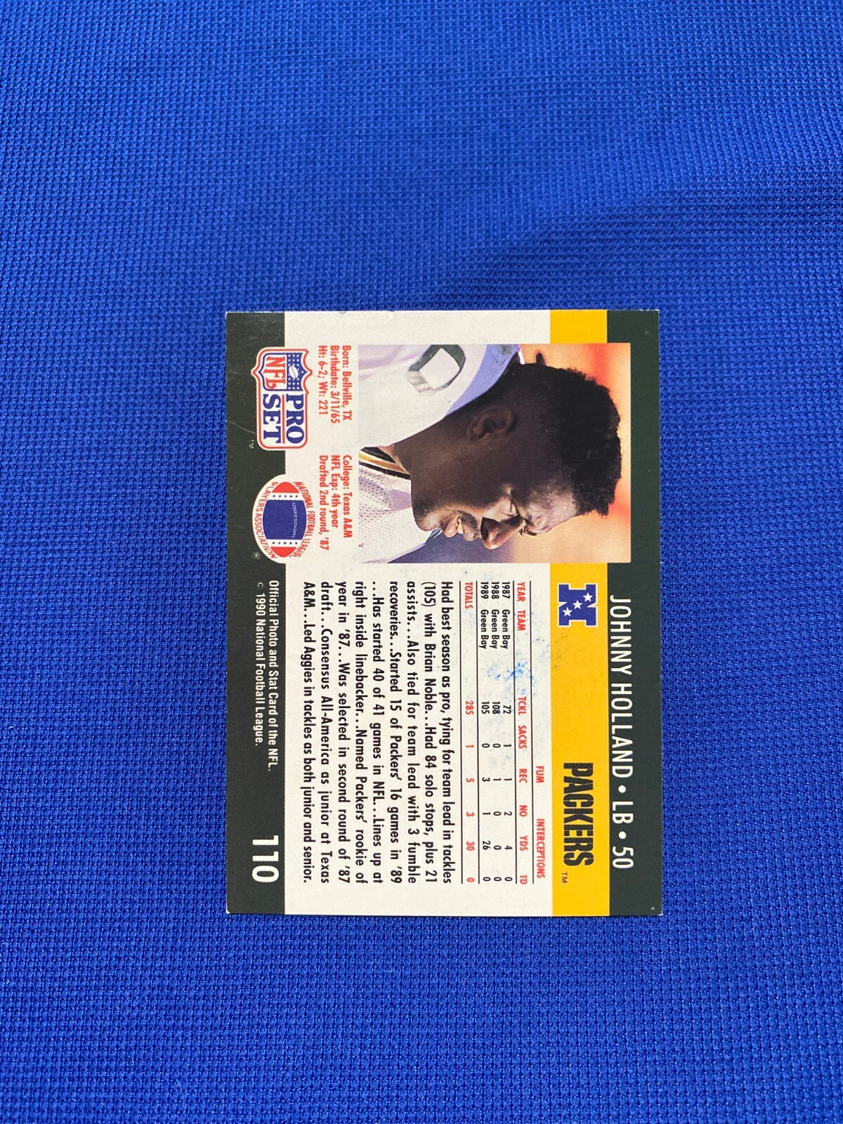 1990 PRO SET JOHNNY HOLLAND GB PACKERS SIGNED AUTOGRAPHED AUTO CARD #110 W/COA