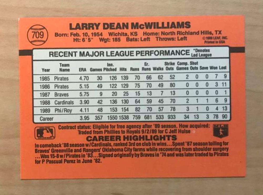 LARRY MCWILLIAMS KANSAS CITY ROYALS SIGNED AUTOGRAPHED 1990 DONRUSS #709 W/COA 