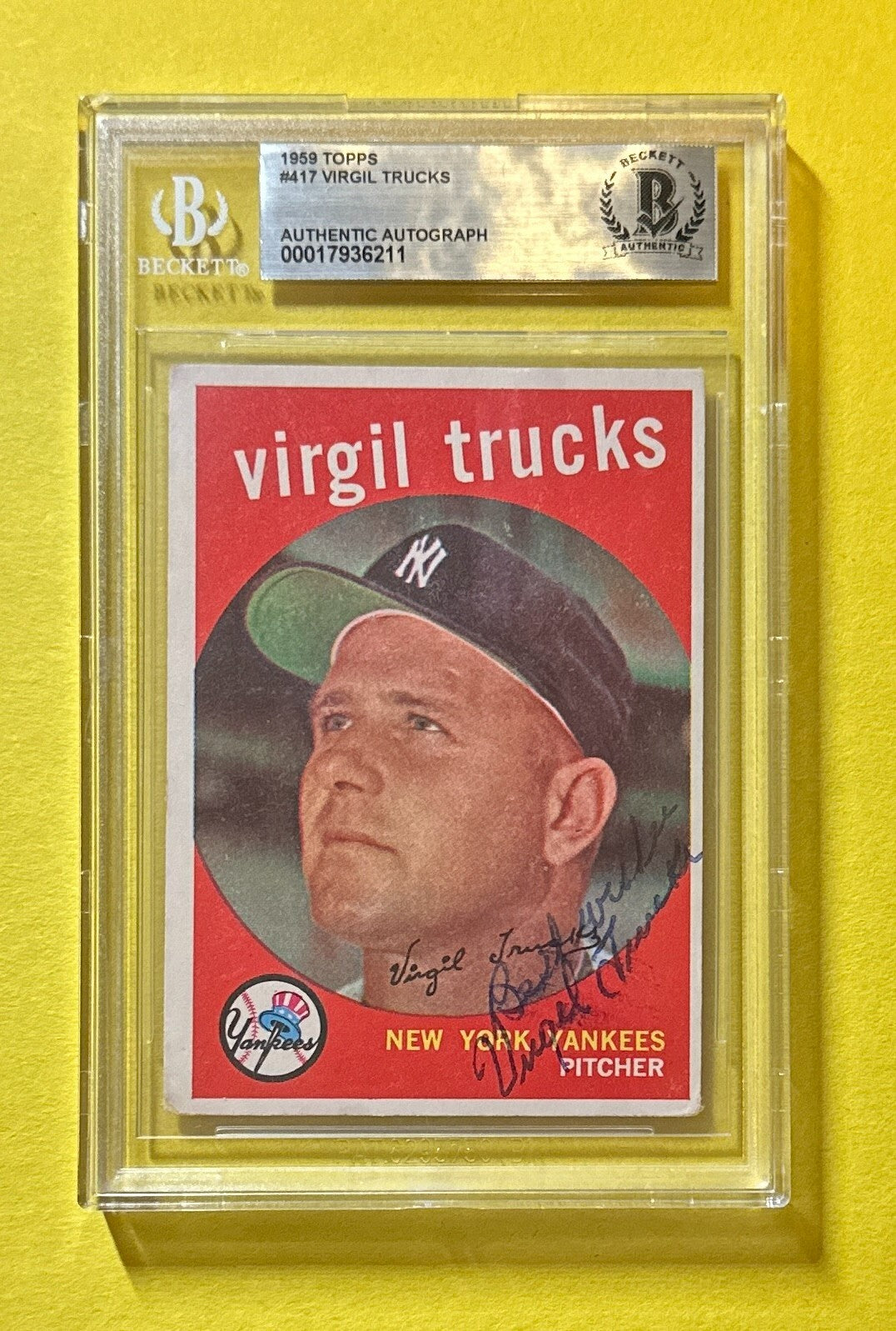 1959 TOPPS VIRGIL TRUCKS #417 SIGNED AUTOGRAPHED CARD BECKETT AUTHENTIC YANKEES