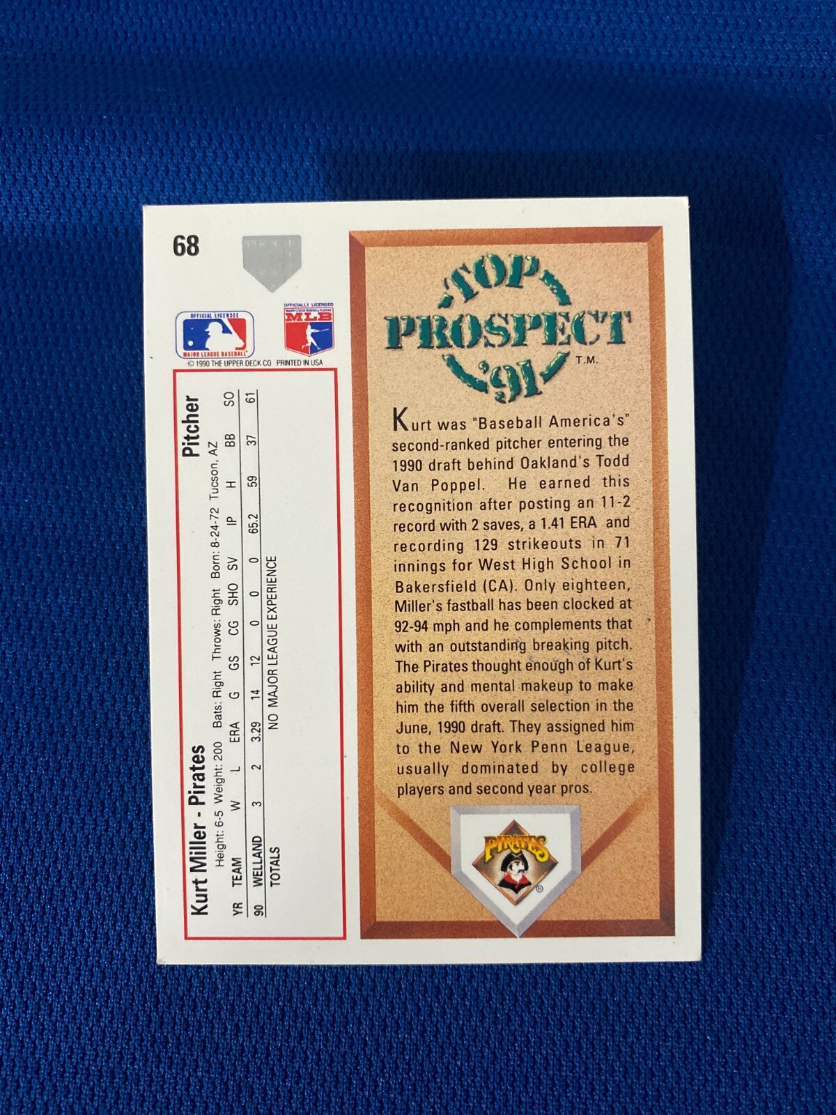 1991 UPPER DECK KURT MILLER PITTSBURGH PIRATES AUTOGRAPHED SIGNED CARD #68 W/COA