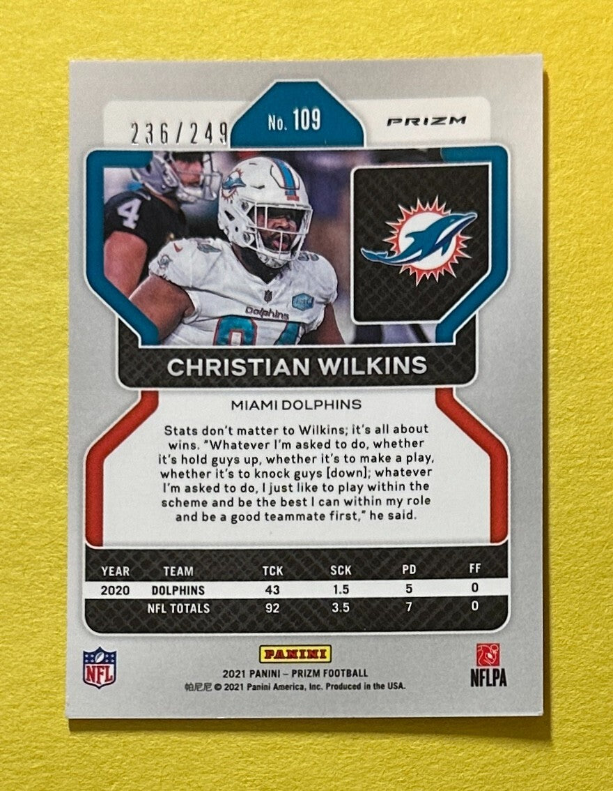 2021 PANINI PRIZM CHRISTIAN WILKINS ORANGE /249 #109 DOLPHINS