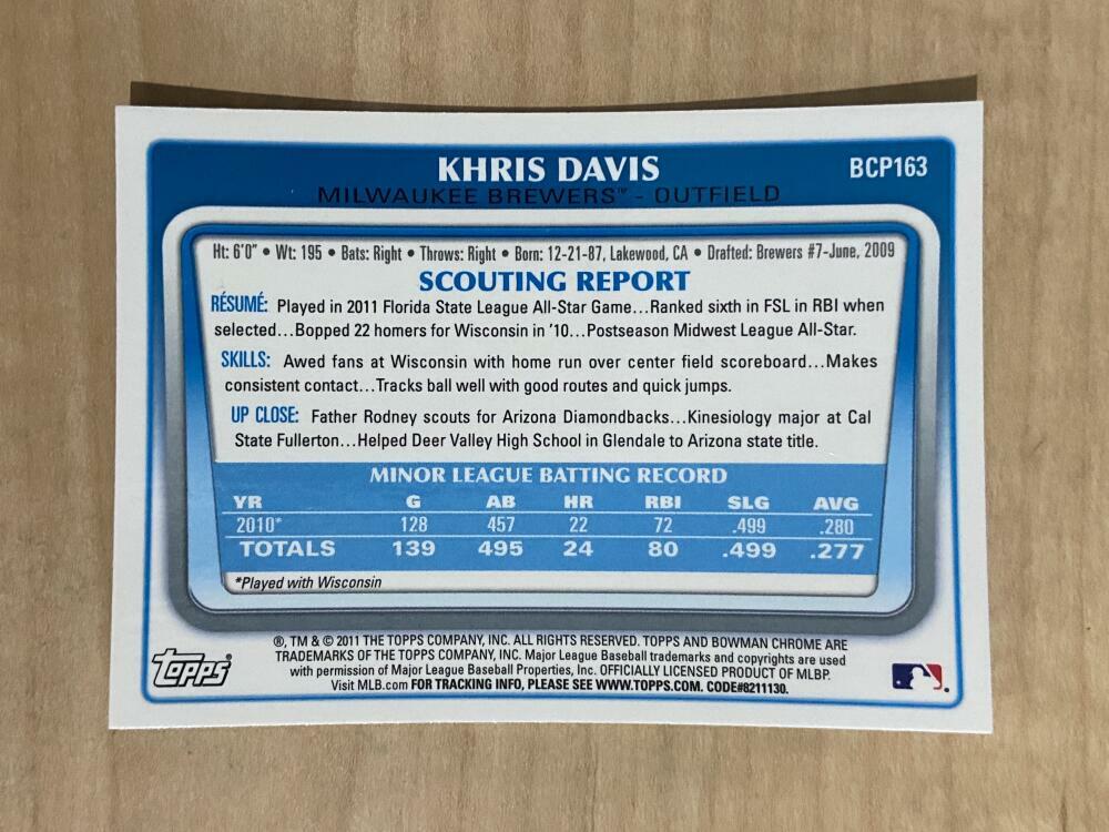 KHRIS DAVIS MILWAUKEE BREWERS 2011 BOWMAN CHROME ROOKIE CARD #BCP163