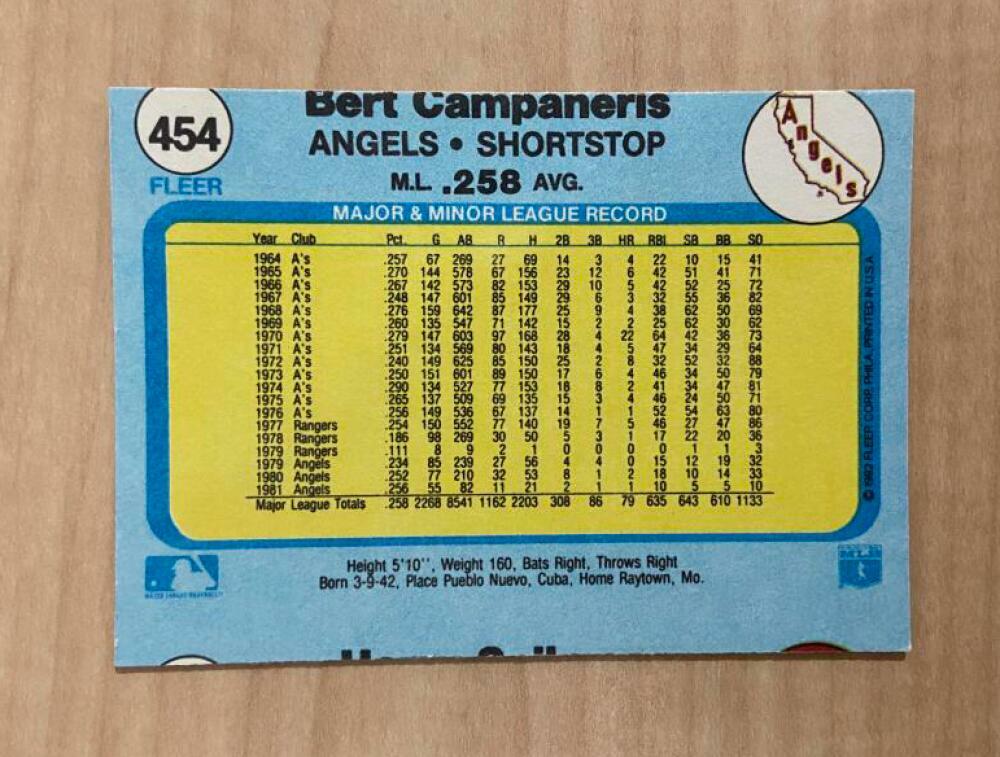 BERT CAMPANERIS CALIFORNIA ANGELS SIGNED AUTOGRAPHED 1982 FLEER CARD #454 W/COA