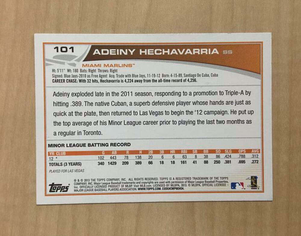 ADEINY HECHAVARRIA MIAMI MARLINS SIGNED AUTOGRAPHED 2013 TOPPS CARD #101 W/COA