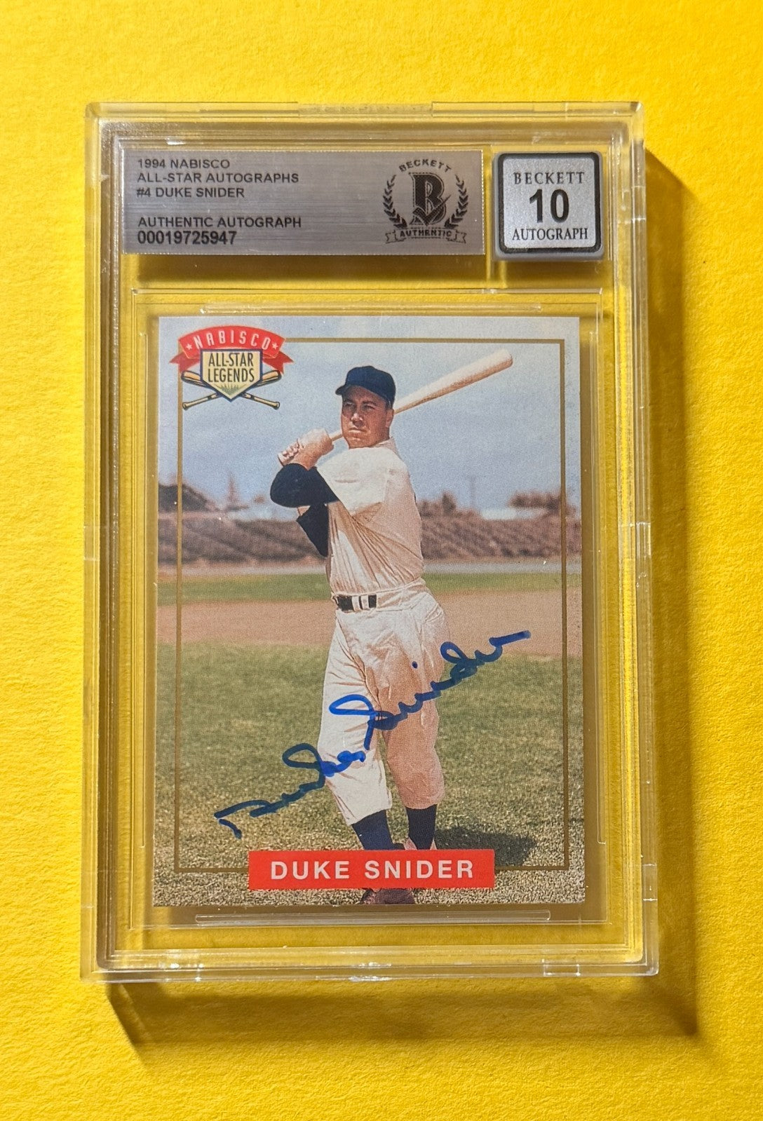 1994 NABISCO ALL-STAR AUTOS DUKE SNIDER #4 SIGNED AUTO CARD BECKETT 10 AUTHENTIC