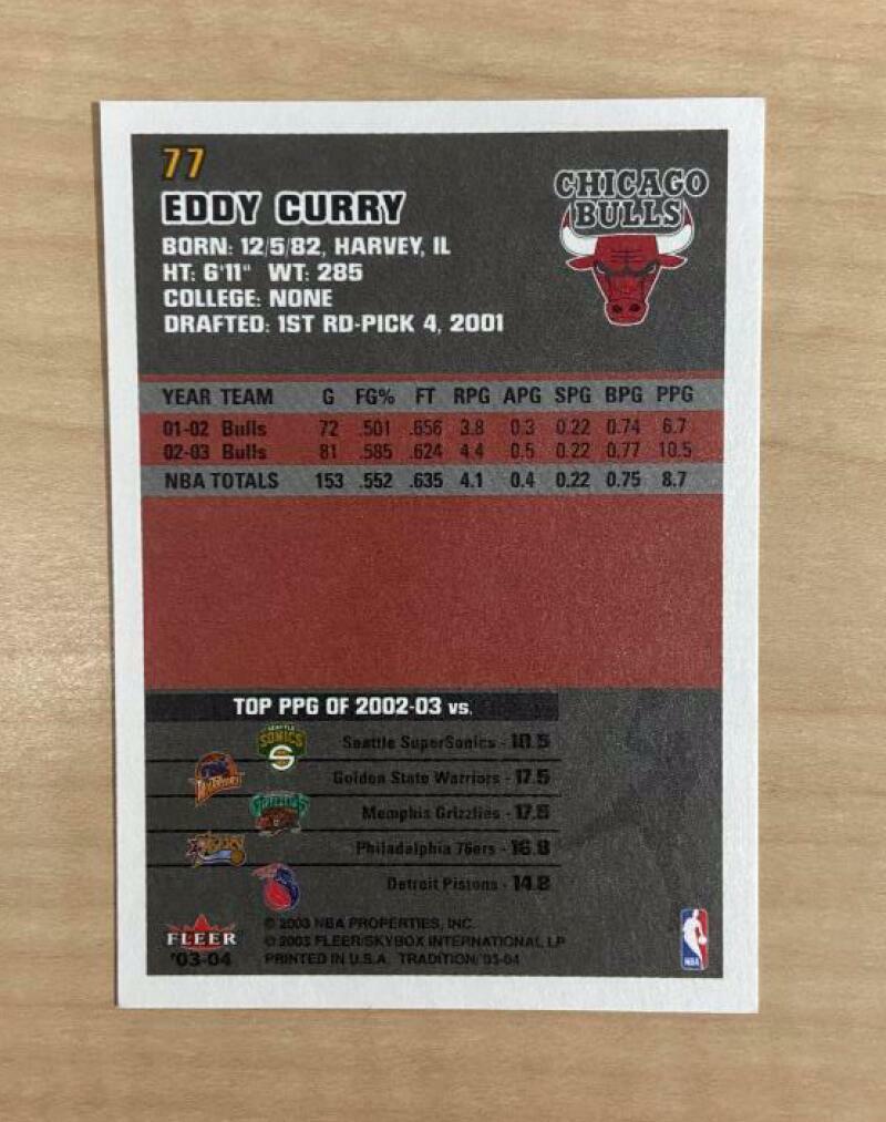 EDDY CURRY CHICAGO BULLS SIGNED AUTOGRAPHED 03-04 FLEER TRADITION CARD #77 W/COA