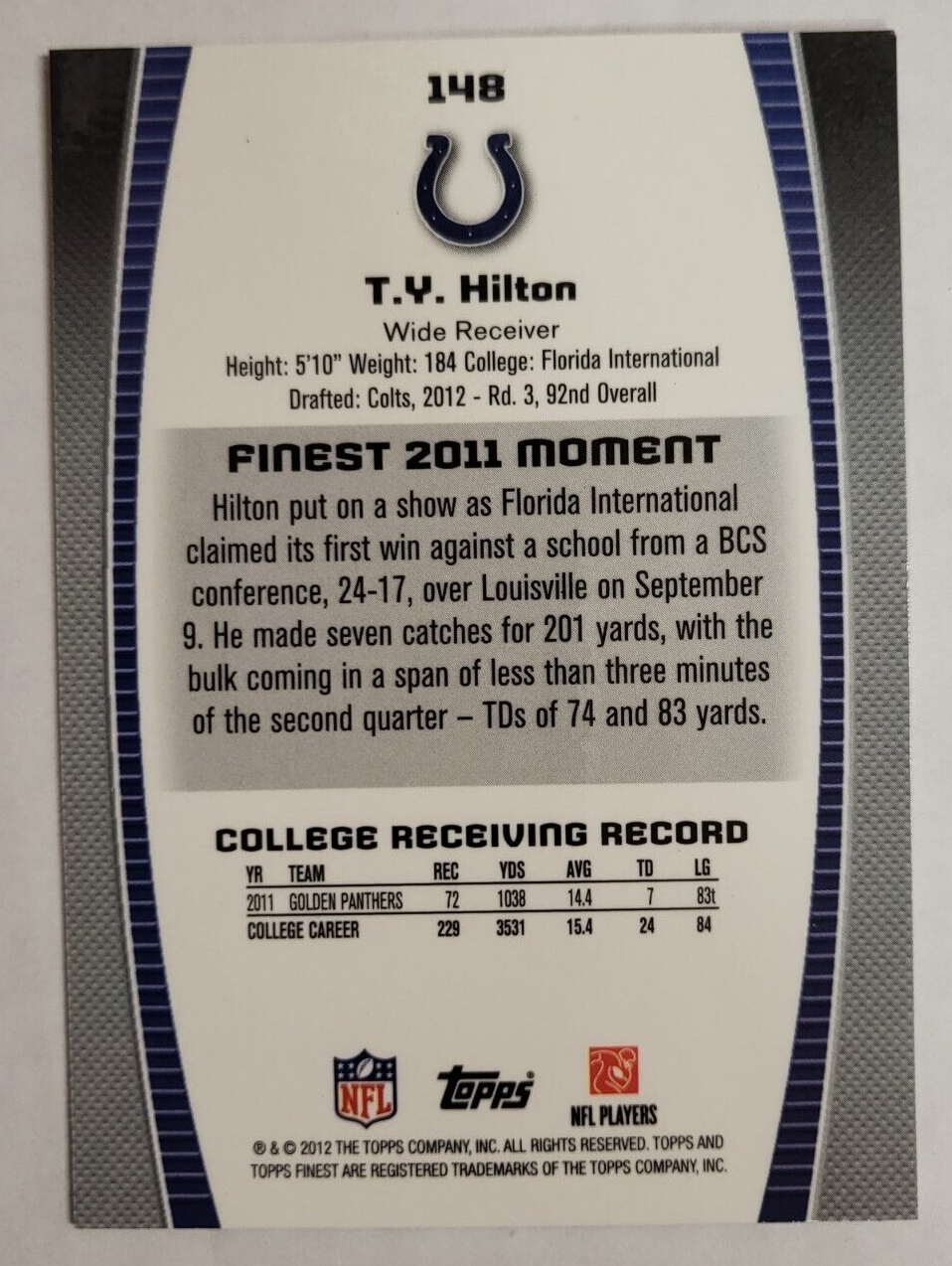 2012 TOPPS FINEST T.Y. HILTON COLTS ROOKIE CARD FOOTBALL