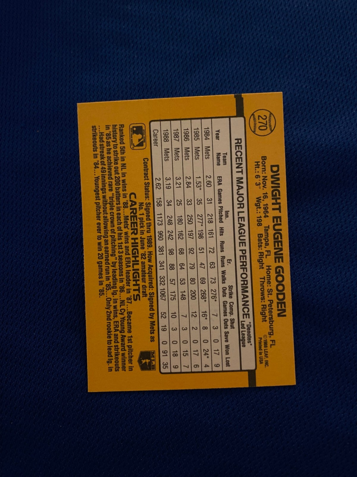 1989 DONRUSS DWIGHT GOODEN NEW YORK METS SIGNED AUTOGRAPHED CARD #270 W/COA