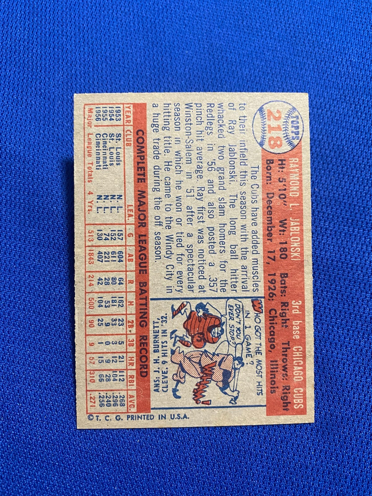 1957 TOPPS RAY JABLONSKI CHICAGO CUBS #218 CARD VINTAGE SET-BREAK