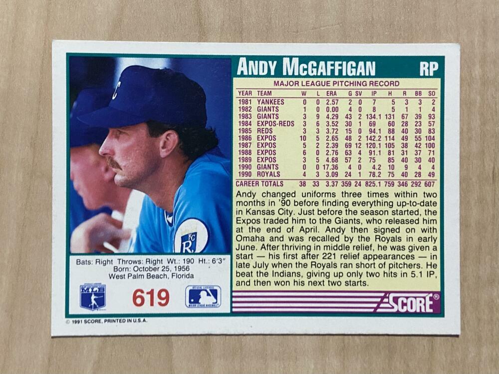 ANDY MCGAFFIGAN KANSAS CITY ROYALS SIGNED AUTOGRAPHED 1991 SCORE CARD #619 W/COA