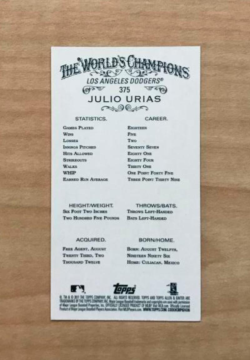 JULIO URIAS LOS ANGELES DODGERS 2017 ALLEN & GINTER MINI SP FROM RIP CARD #375