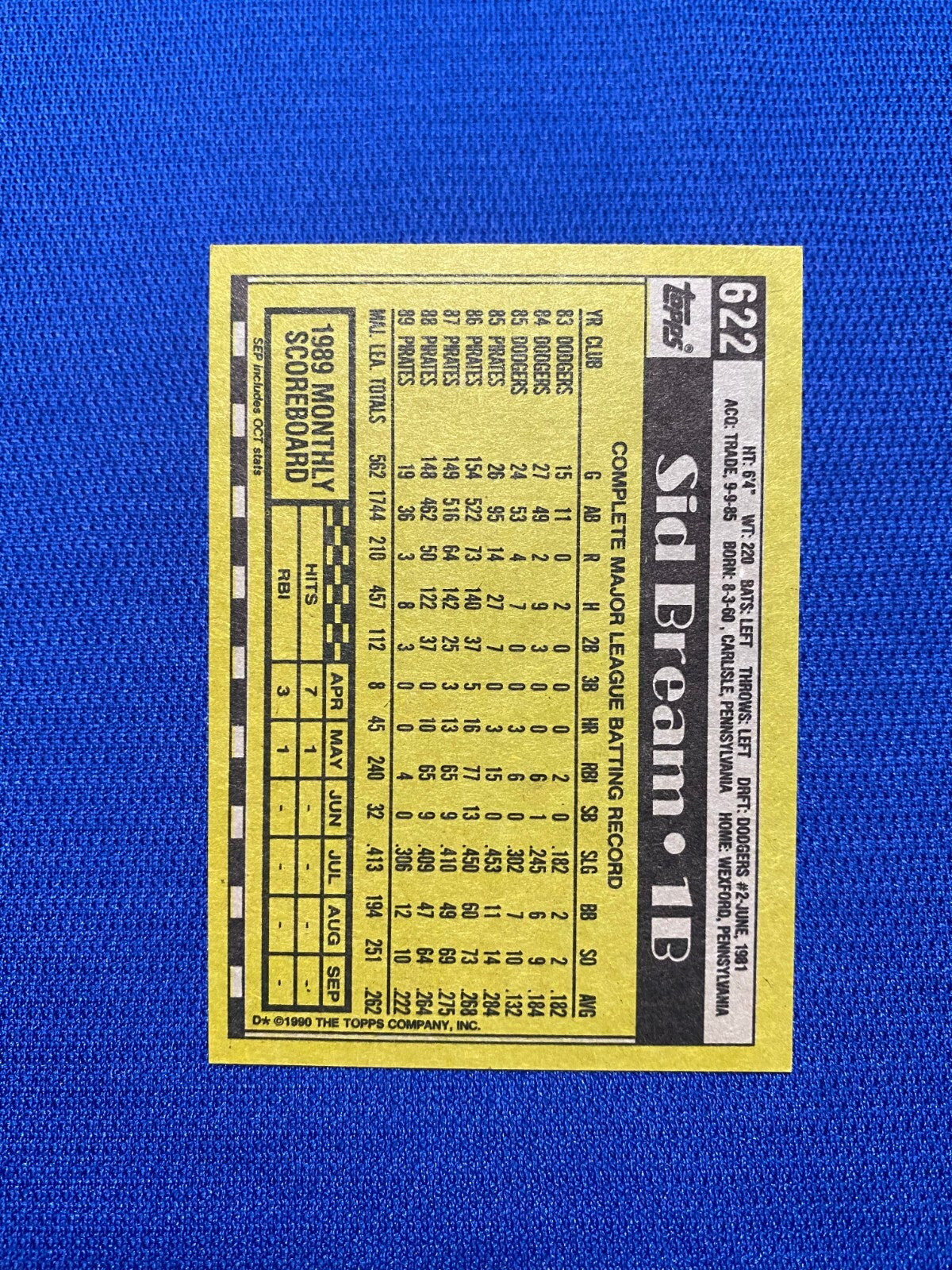 1990 TOPPS SID BREAM PITTSBURGH PIRATES SIGNED AUTOGRAPHED #622 CARD W/COA