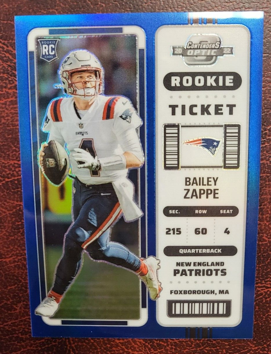 2022 CONTENDERS OPTIC ROOKIE TICKET BAILEY ZAPPE BLUE /99 RC FOOTBALL CARD RARE