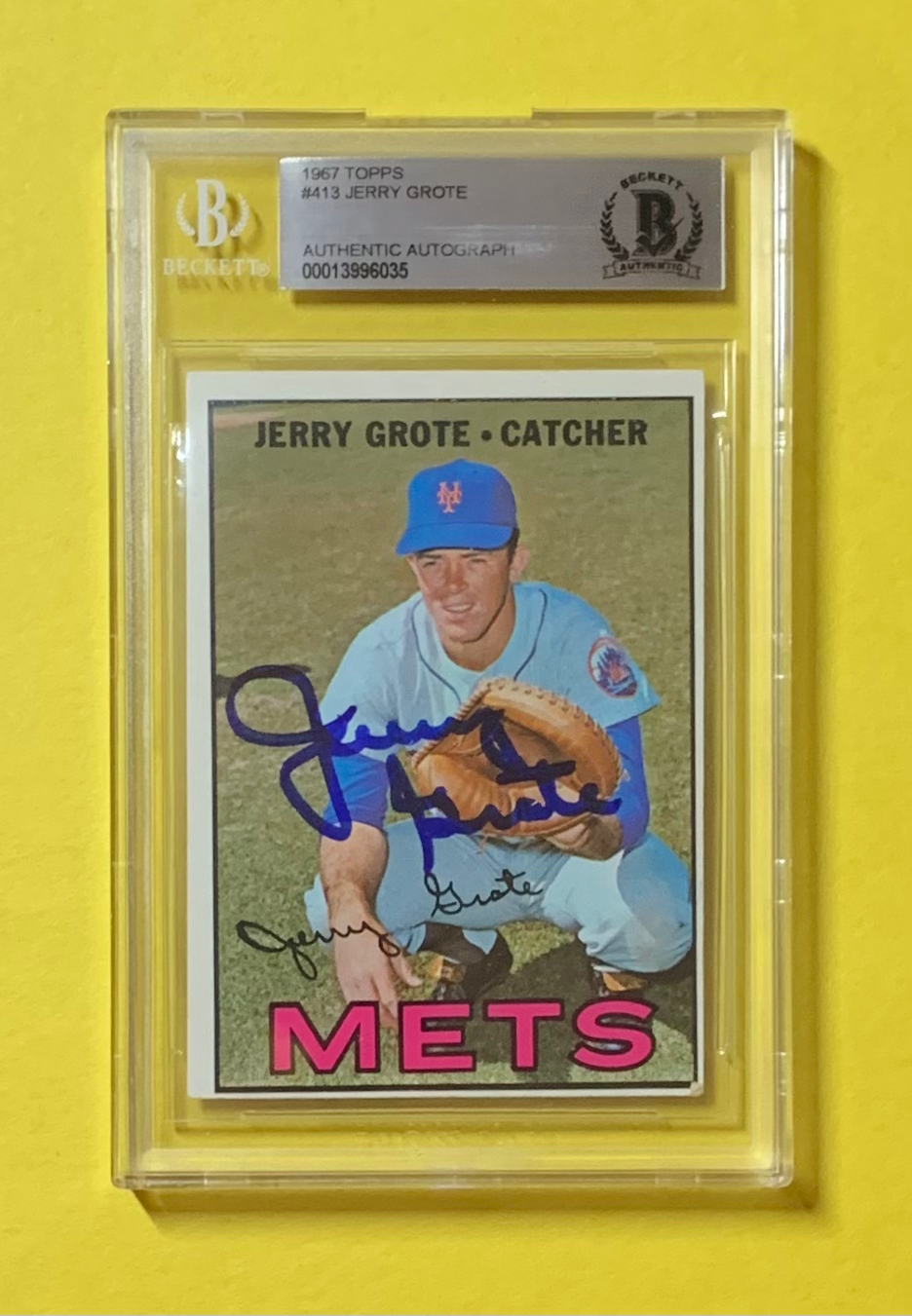 1967 TOPPS JERRY GROTE #413 AUTHENTIC AUTO BECKETT CERTIFIED METS