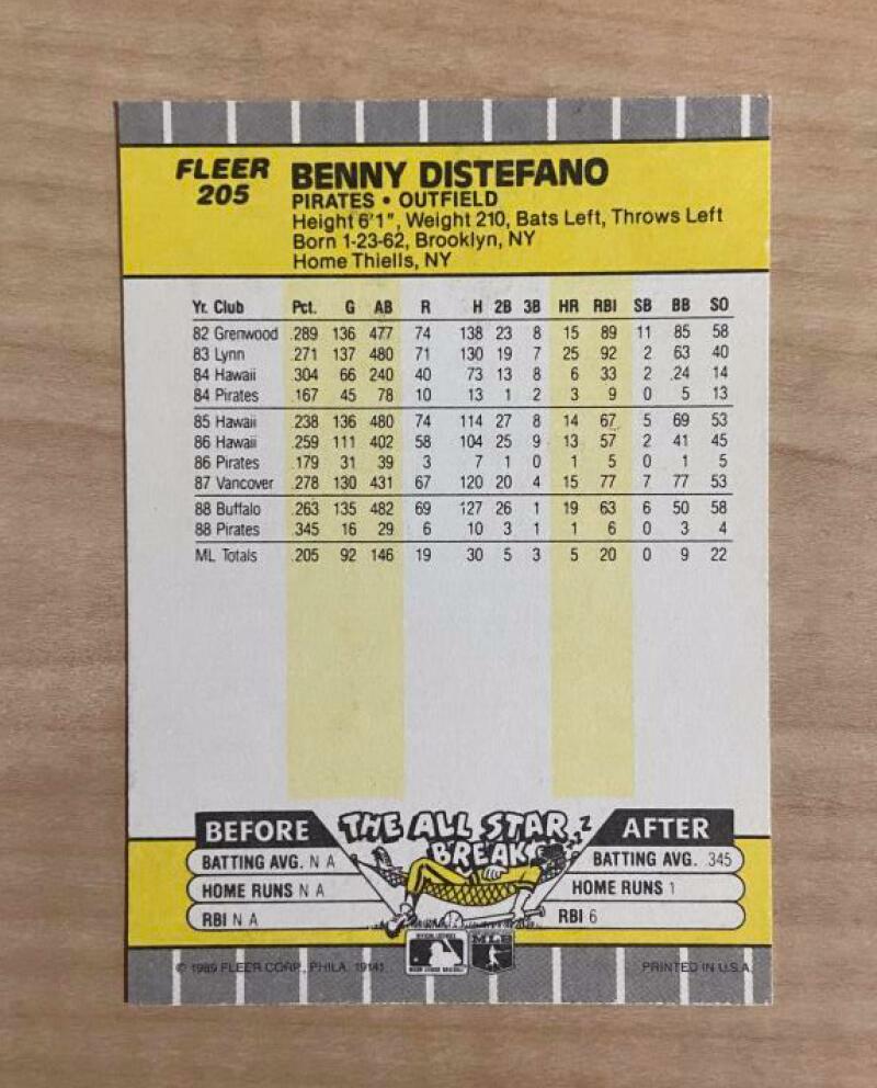 BENNY DISTEFANO PITTSBURGH PIRATES SIGNED AUTOGRAPHED 1989 FLEER CARD #205 W/COA