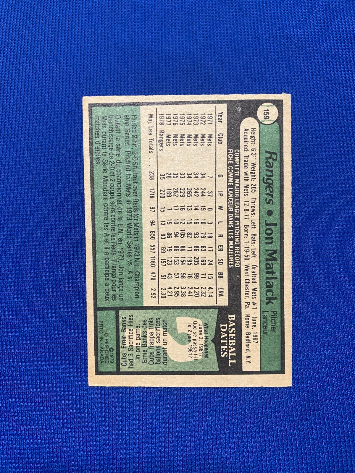 1973 O-PEE-CHEE JOHN MATLACK TEXAS RANGERS SIGNED AUTOGRAPHED CARD #159 W/COA