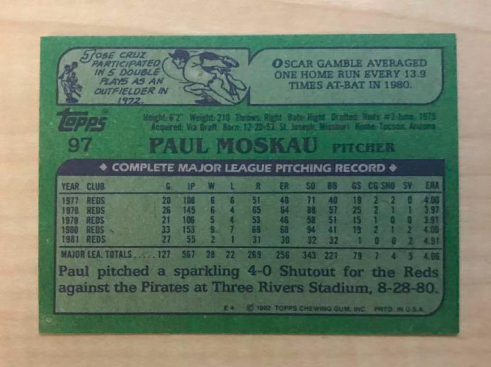 PAUL MOSKAU CINCINNATI REDS SIGNED AUTOGRAPHED 1982 TOPPS CARD #97 W/COA