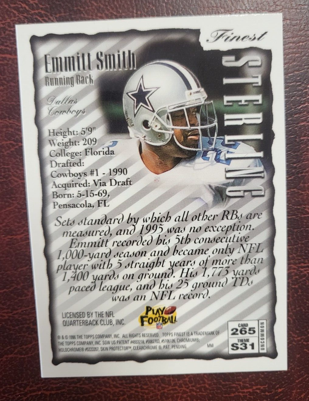 1996 TOPPS FINEST STERLING EMMITT SMITH COWBOYS #265 FOOTBALL CARD W/COATING