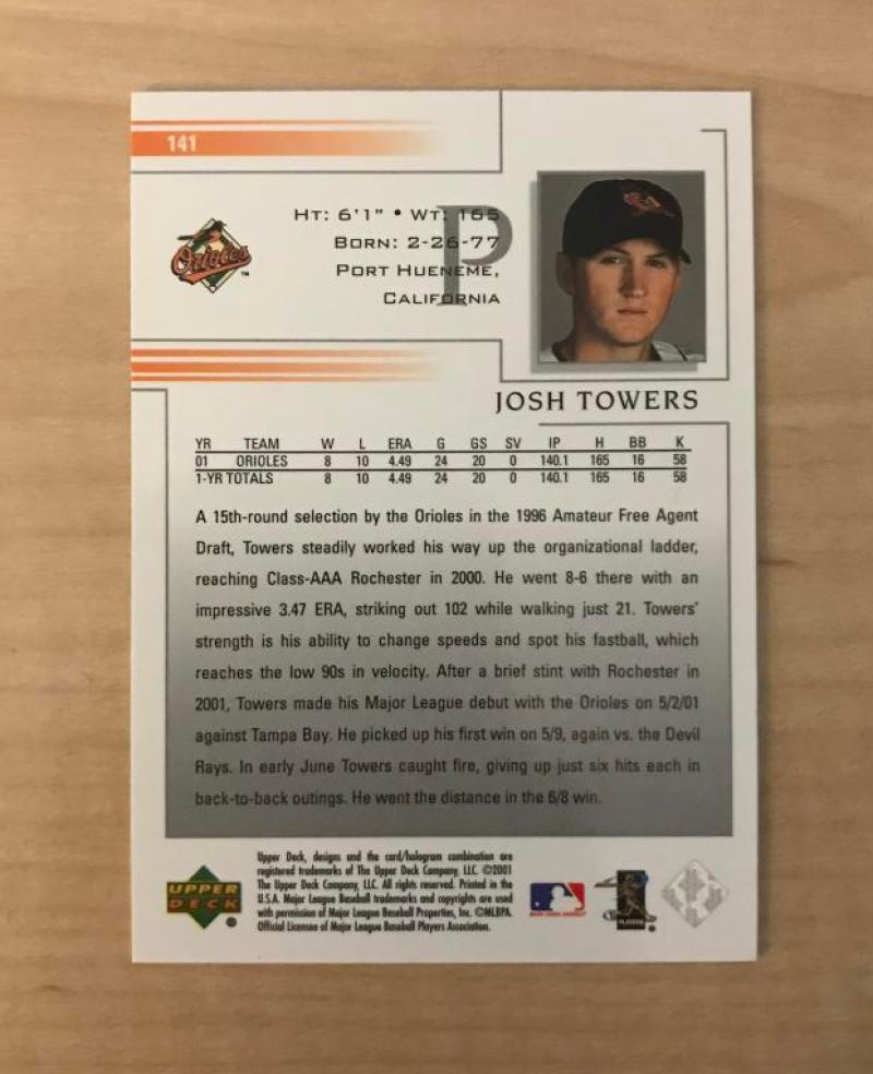 JOSH TOWERS BALTIMORE ORIOLES SIGNED AUTOGRAPHED 2002 UPPER DECK CARD #141 W/COA