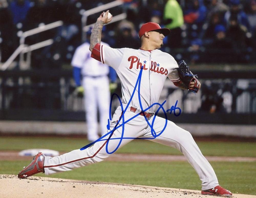 VINCENT VELASQUEZ ACTION PHILADELPHIA PHILLIES SIGNED AUTO.  8X10 PHOTO W/COA