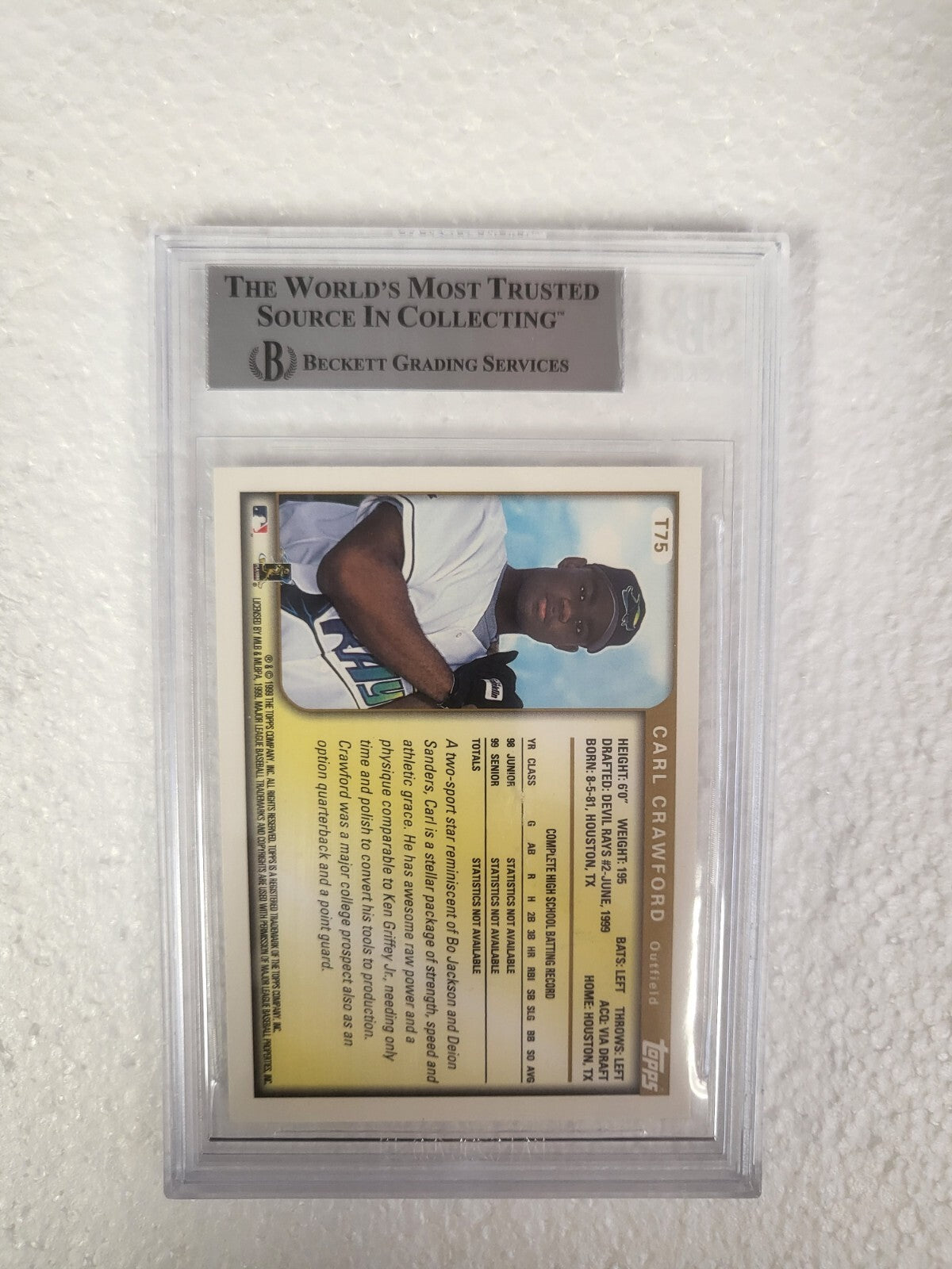 1999 TOPPS TRADED CARL CRAWFORD ROOKIE RC SIGNED AUTO CARD #T75 BECKETT AUTH *