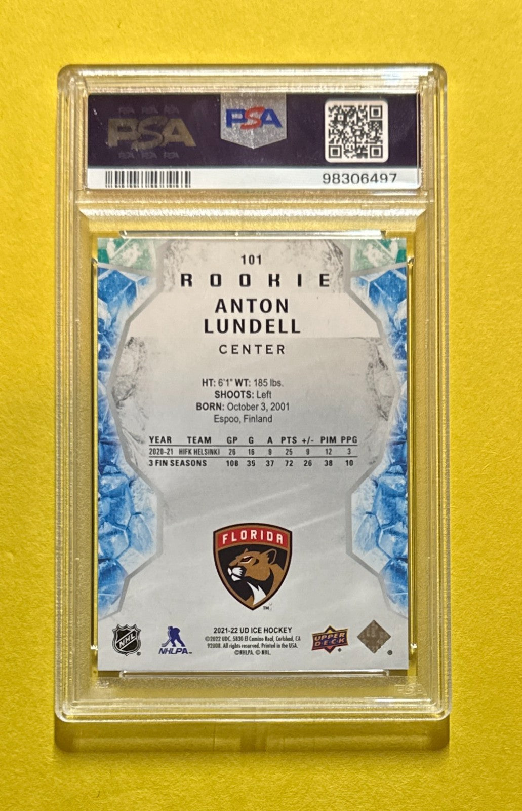 2021 UPPER DECK ICE ANTON LUNDELL ROYAL BLUE #101 PSA GEM MT 10 PANTHERS