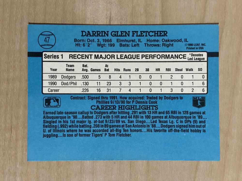 DARRIN FLETCHER PHILADELPHIA PHILLIES SIGNED 1991 DONRUSS CARD #47 W/COA