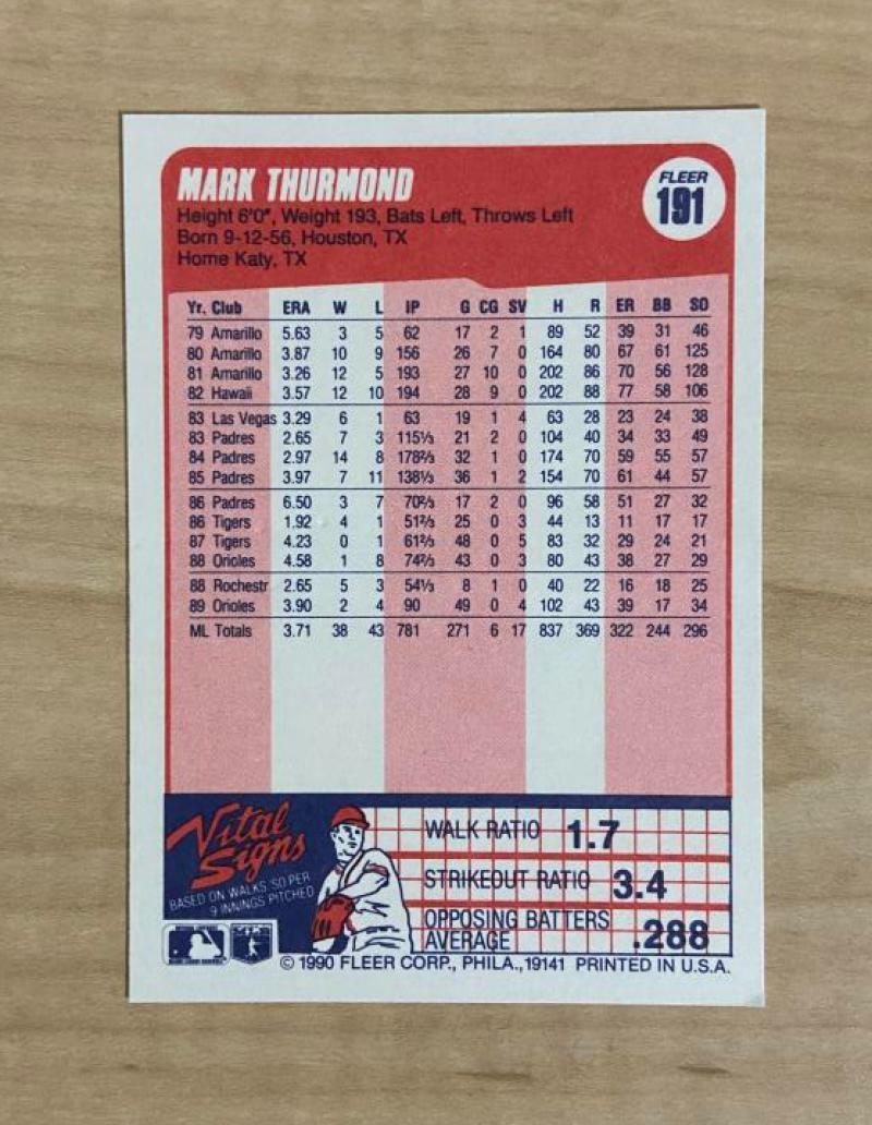 MARK THURMOND BALTIMORE ORIOLES SIGNED AUTOGRAPHED 1990 FLEER CARD #191 W/COA