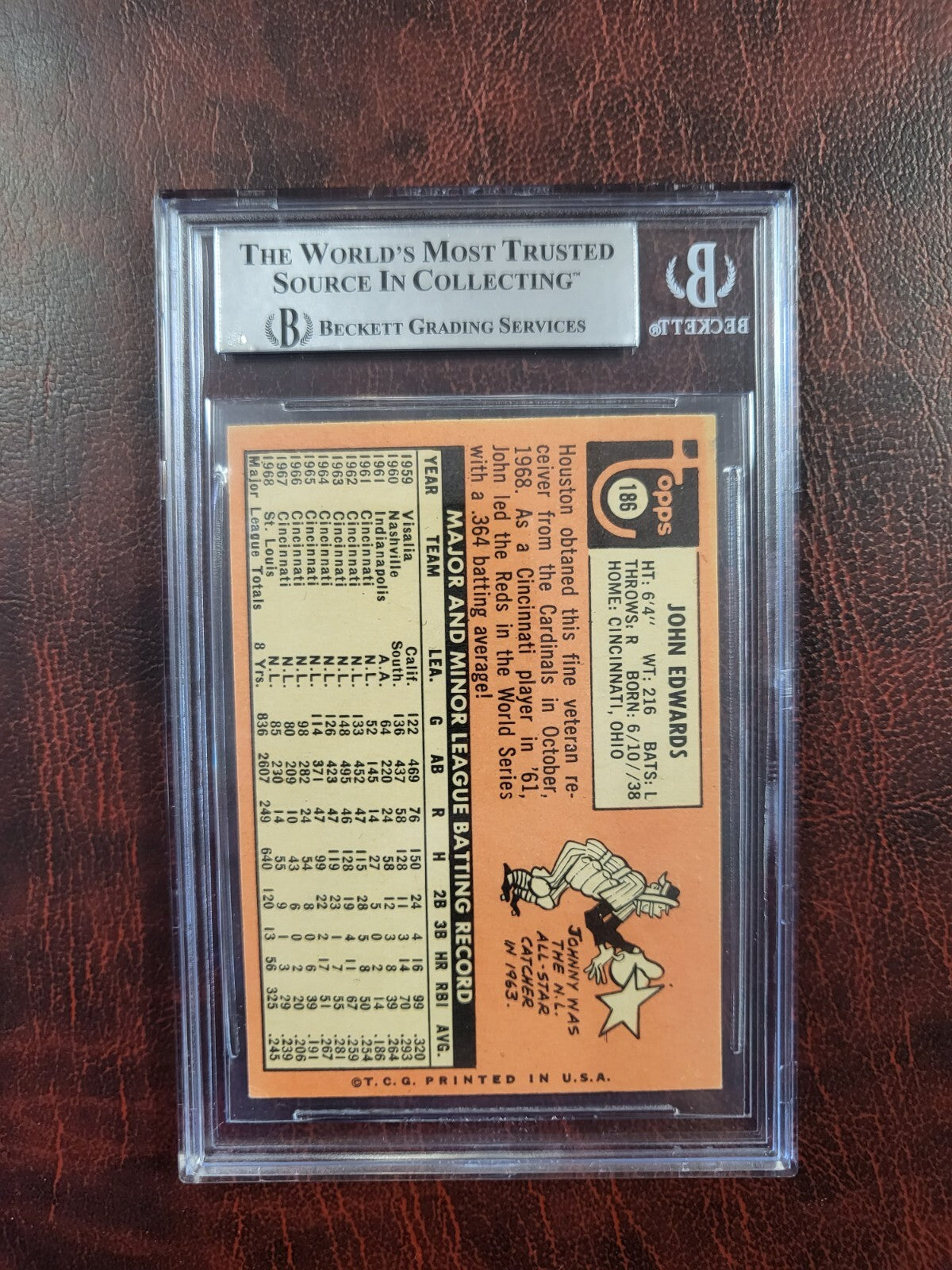 1969 TOPPS JOHNNY EDWARDS ASTROS SIGNED AUTO #186 CARD BECKETT AUTHENTIC