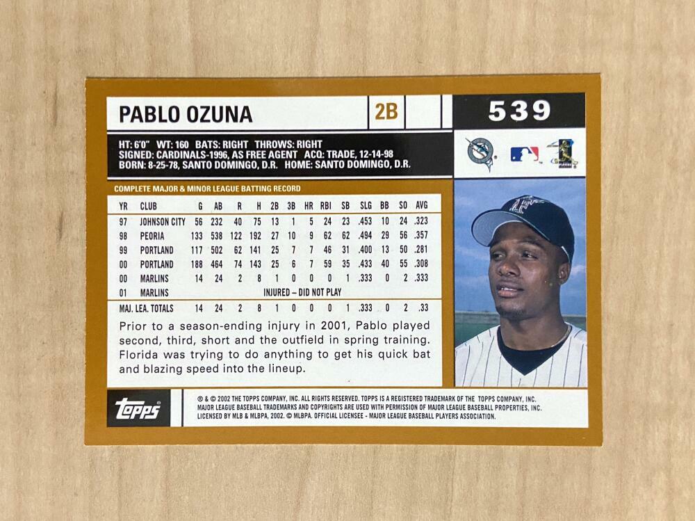 PABLO OZUNA FLORIDA MARLINS SIGNED AUTOGRAPHED 2002 TOPPS CARD #539 W/COA
